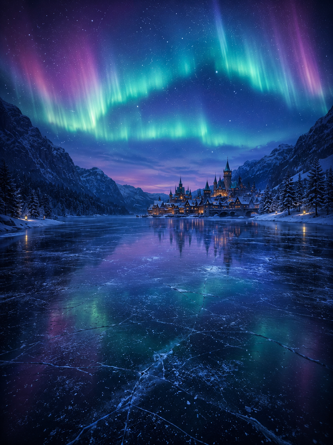 Distant Nordic castle across a frozen lake beneath pink and green aurora