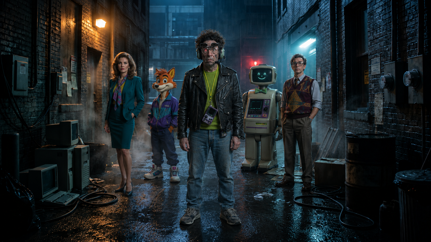Bob standing with a human spokesperson, animated fox, robot, and expert character in a cinematic alley