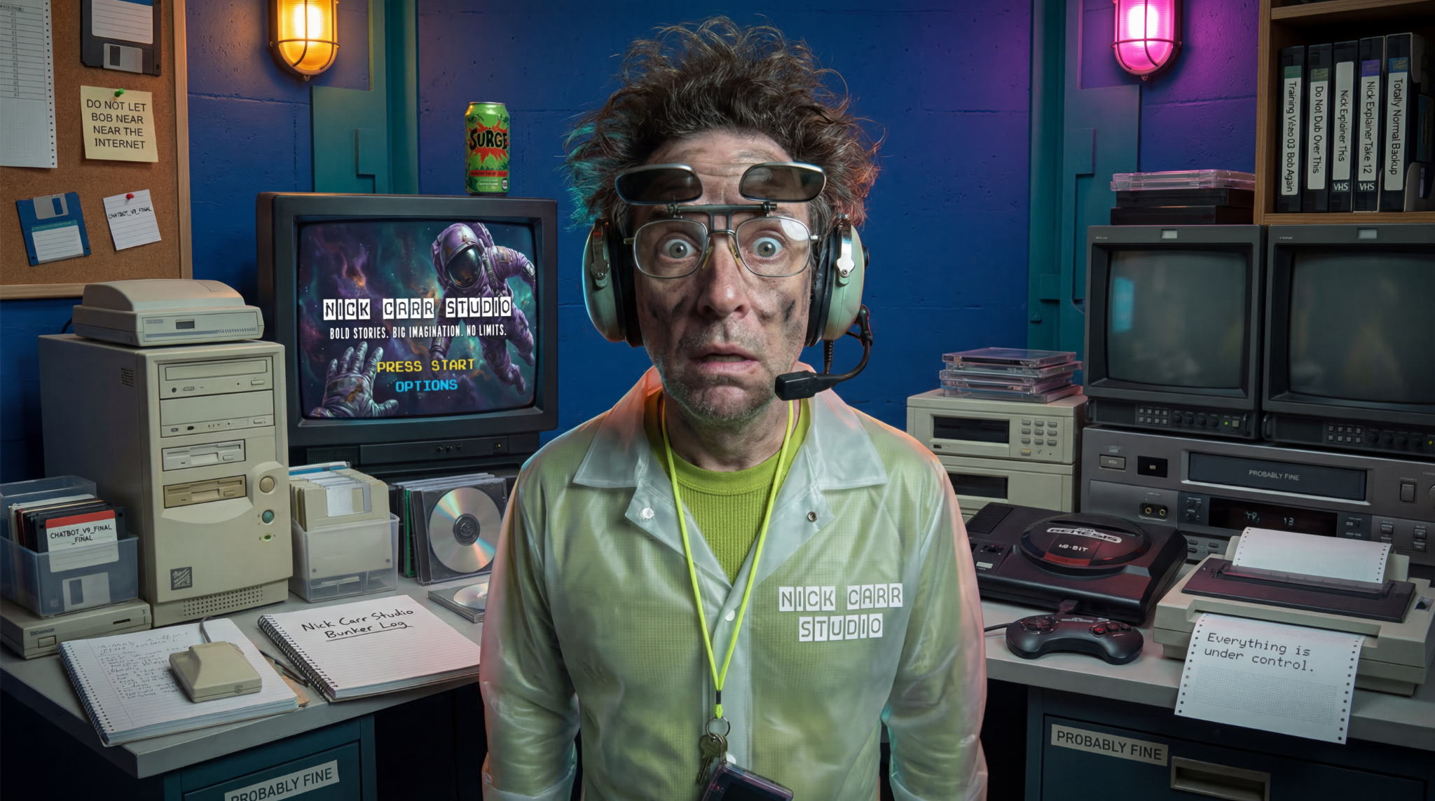 Bob in the Nick Carr Studio character lab surrounded by retro computers